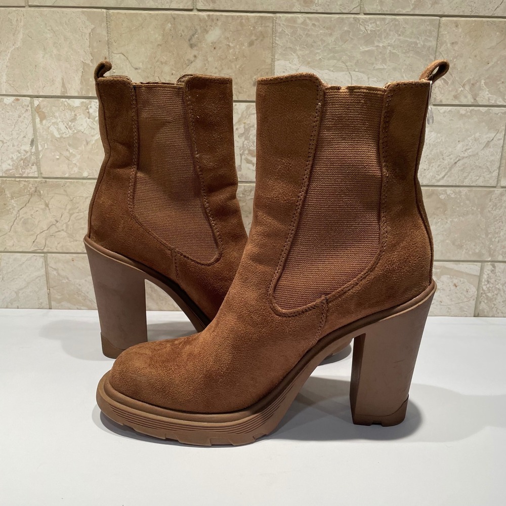 Nine West Brown Suede Platform Chelsea Boots Chunky Block Heel Lug Sole 7M
